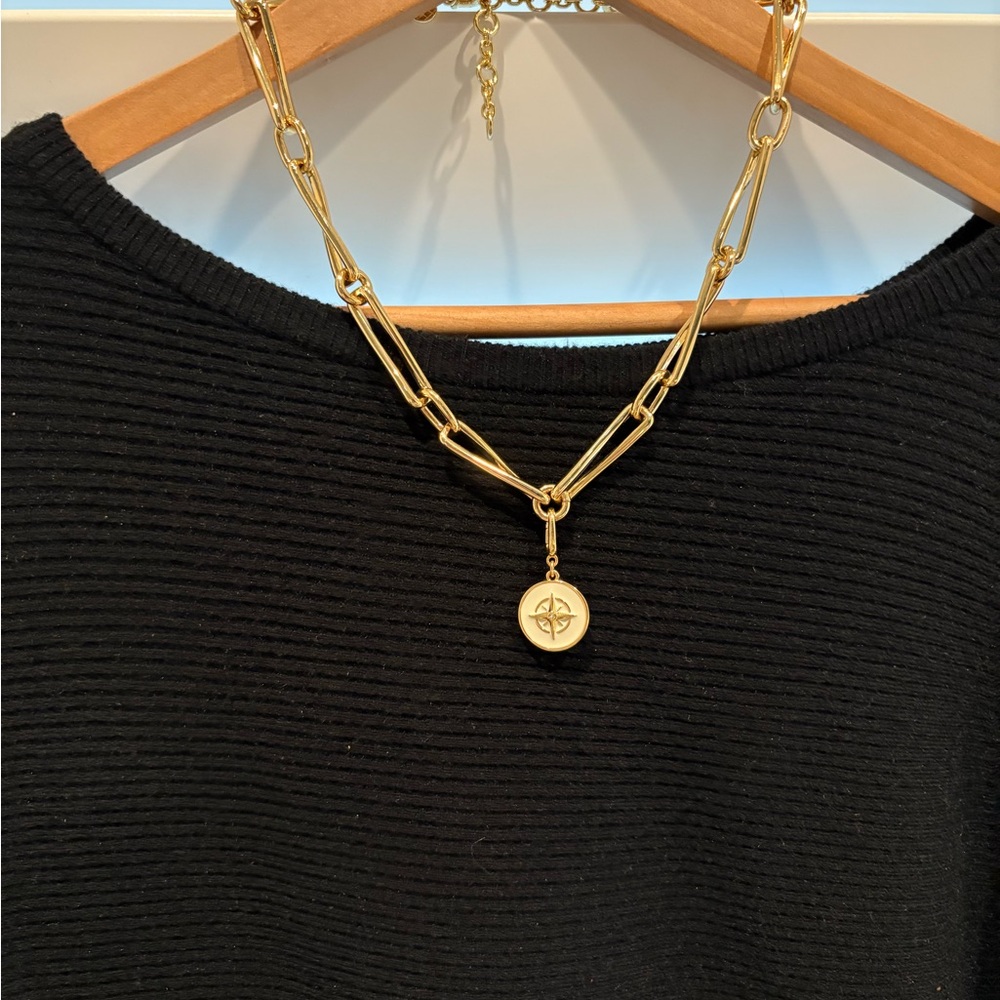 Talbots Gold Toned Chunky Paperclip Necklace with White & Gold Compass Pendant